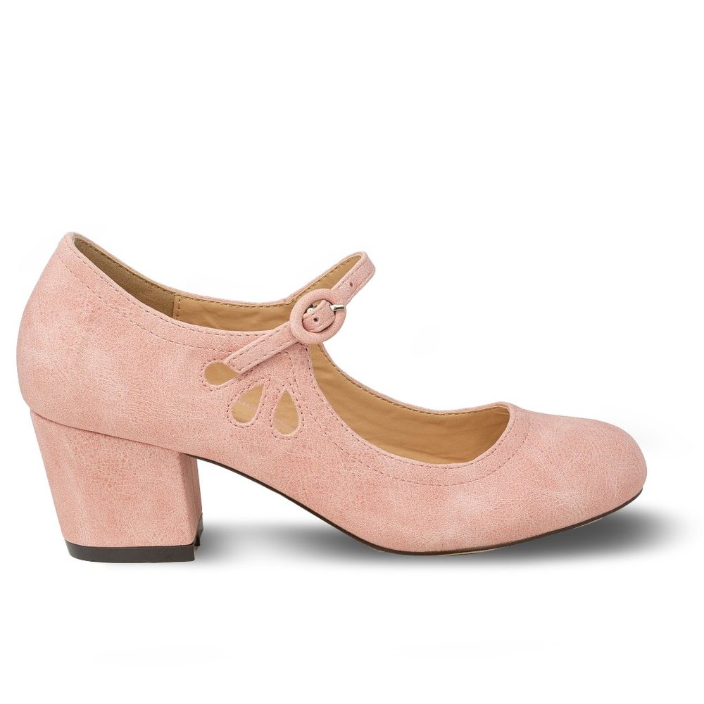 Pink Women's Mary Jane Tear Drop Block Heel Pump